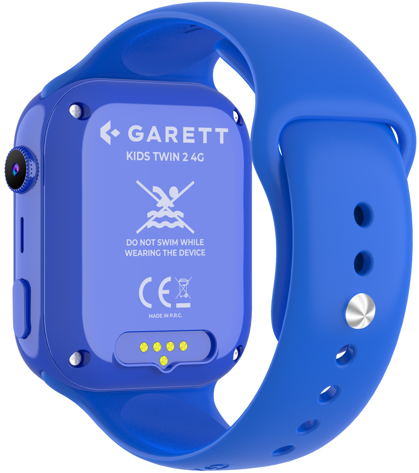 Egy kék okosóra hátulja kék szíjjal és a GARETT KIDS TWIN 2.4G logóval.
