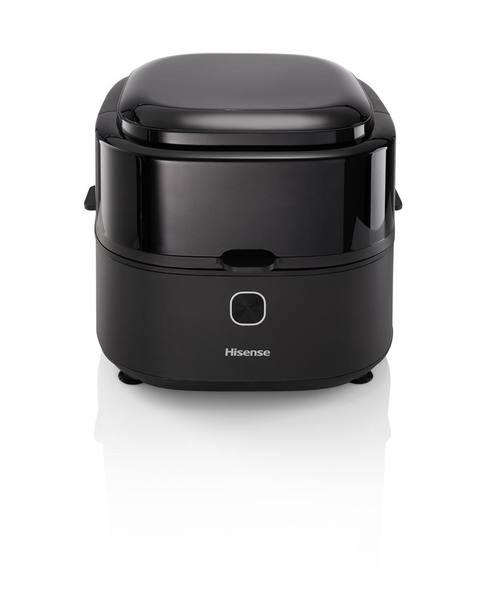 Ein schwarzes Hisense-Gerät mit abgerundetem Design, mit einer Touch-Taste und einer reflektierenden Oberfläche.
