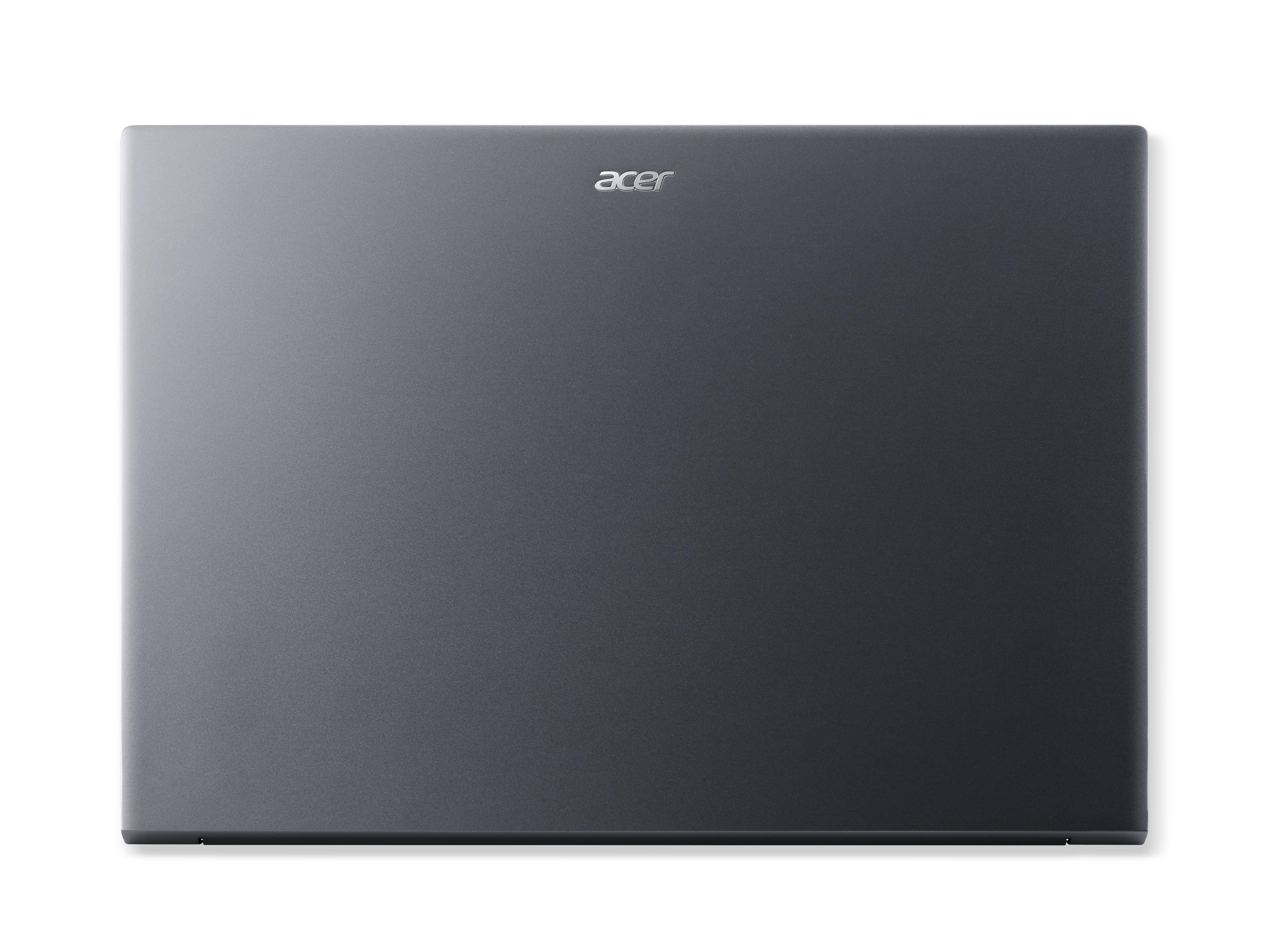 Die Rückseite eines dunkelgrauen Acer Laptops mit dem Acer-Logo.