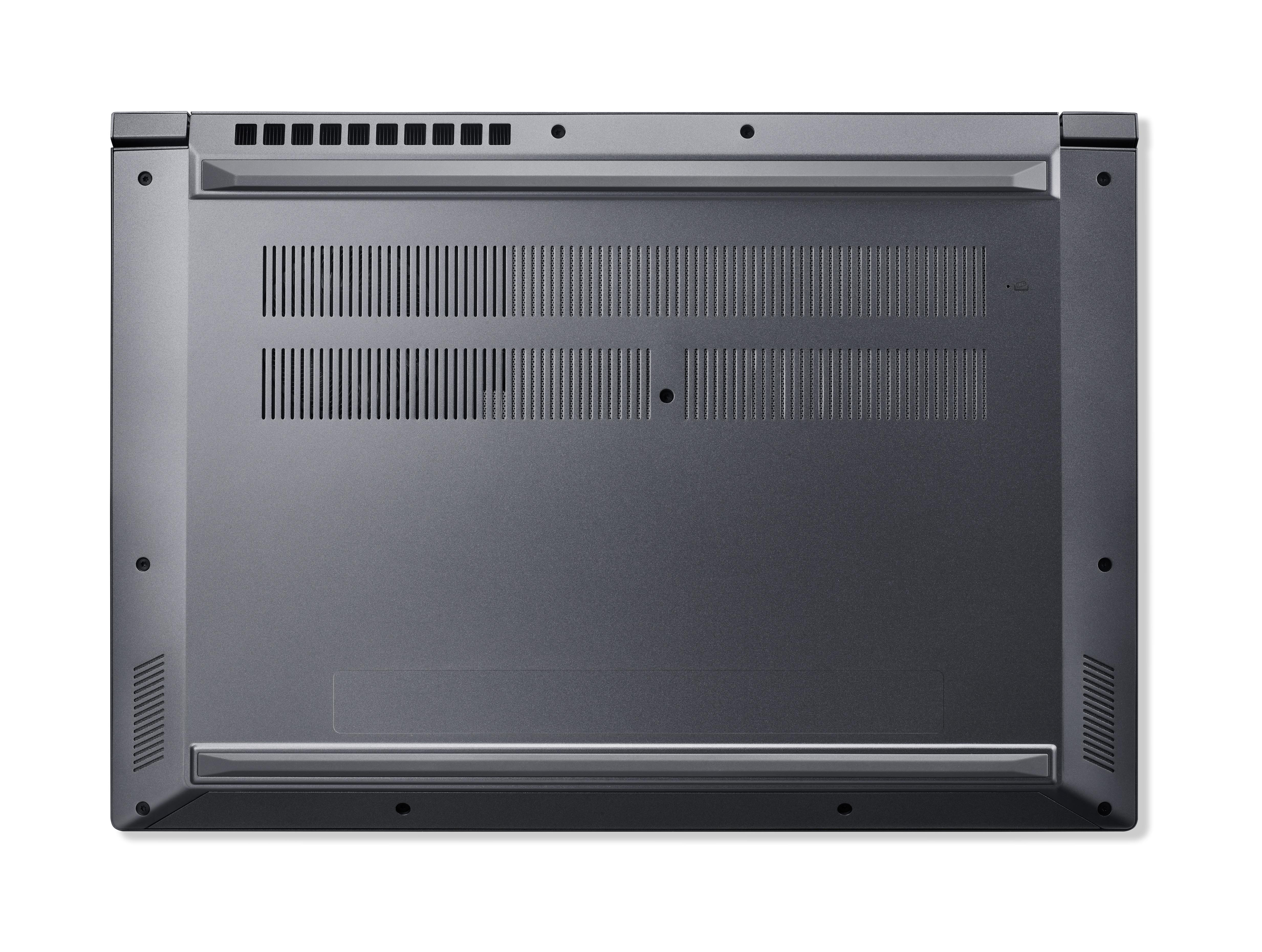 Unterseite eines dunkelgrauen Laptops mit Lüftungsschlitzen und sichtbaren Schrauben.