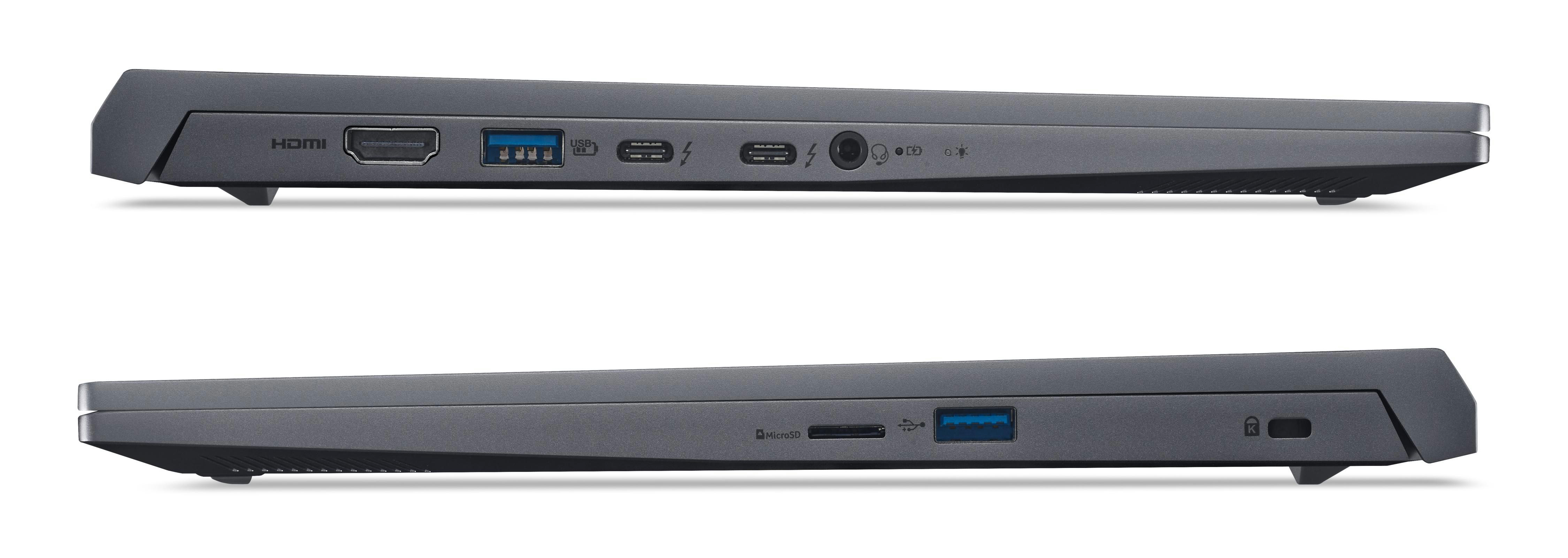 Zwei Seitenansichten eines grauen Laptops, die Anschlüsse, HDMI, USB und einen Ladeanschluss zeigen.
