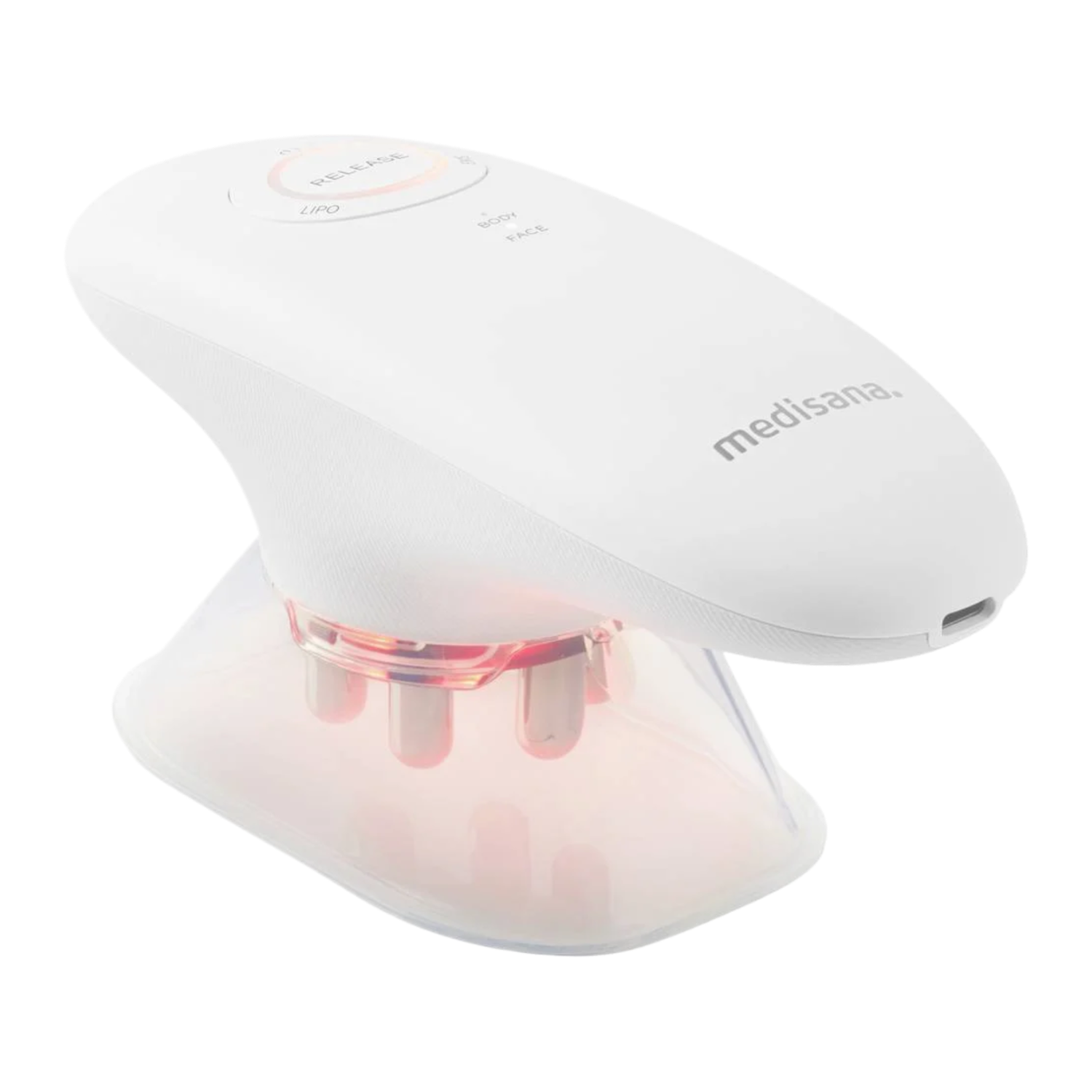 Un masseur corporel blanc avec une lumière rouge et un accessoire transparent.