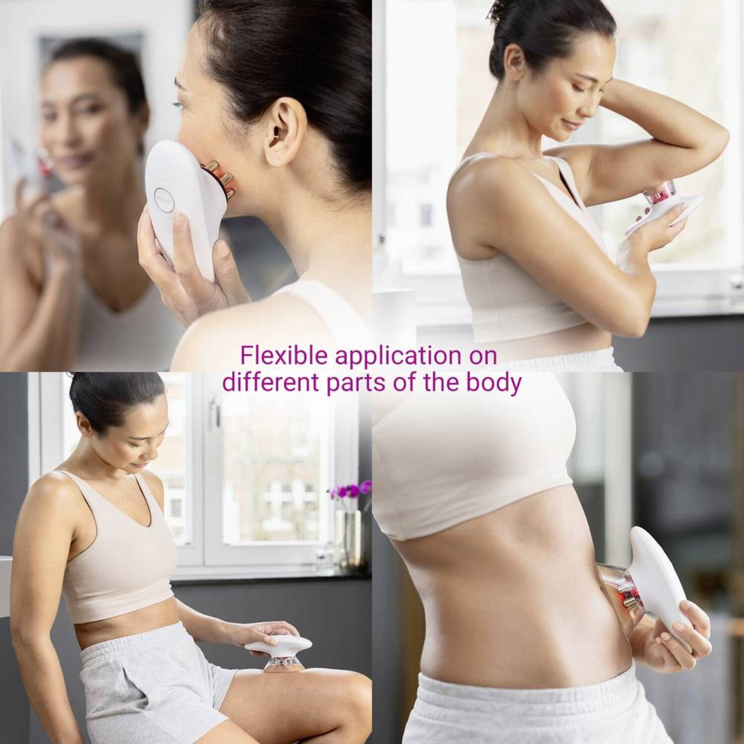 Collage d'une femme utilisant un masseur facial et corporel sur différentes parties du corps.