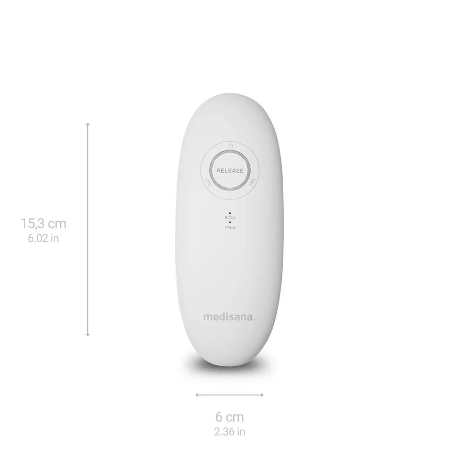 Appareil de beauté blanc, forme ovale. Mesures à gauche.
