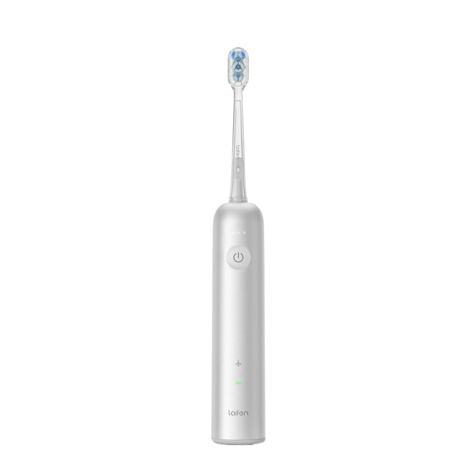 Brosse à dents électrique blanche sur fond noir. Corps argenté et poils bleus.