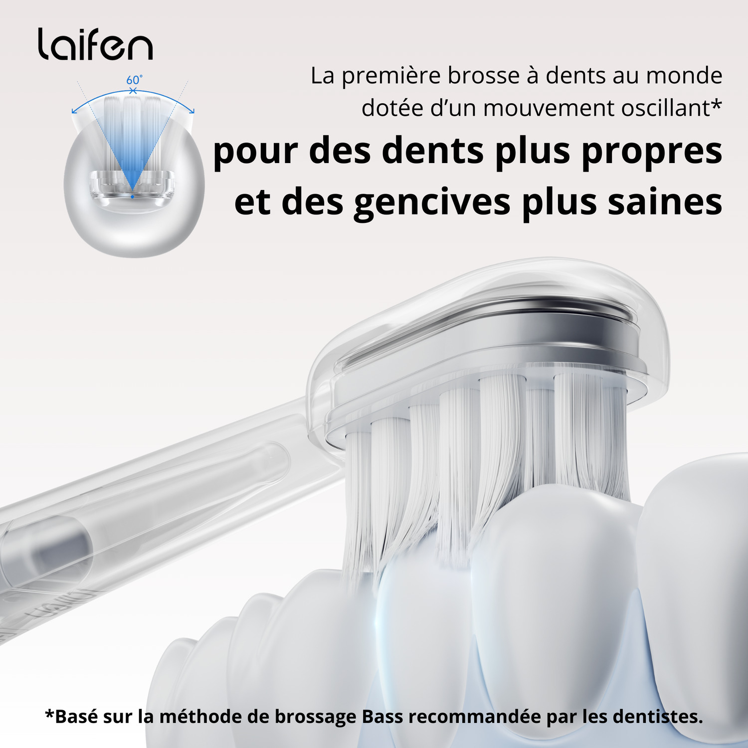 Gros plan sur la tête d'une brosse à dents. Montre les soies et une vue en angle de la tête.