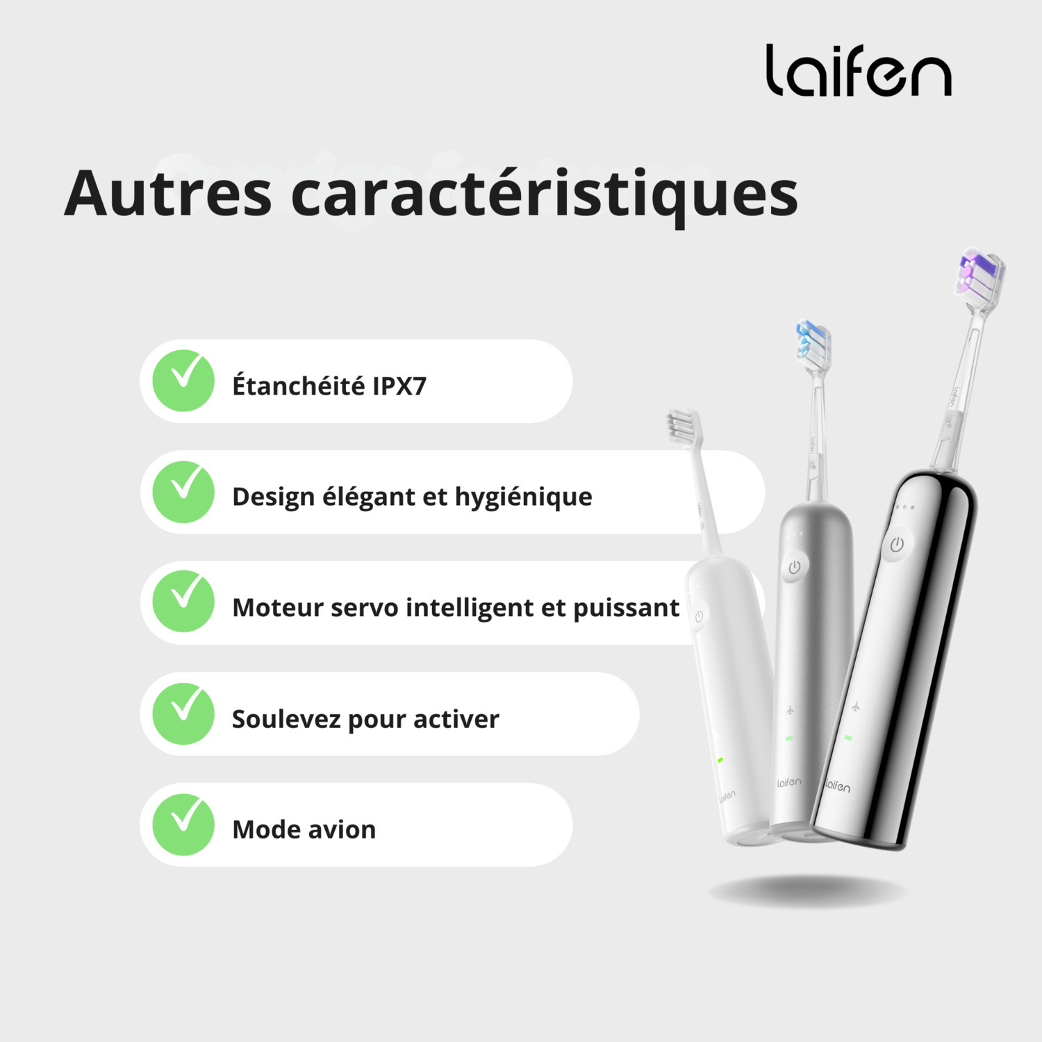 Image avec les caractéristiques des brosses à dents Laifen : IPX7, design élégant, moteur puissant, activer et mode avion.