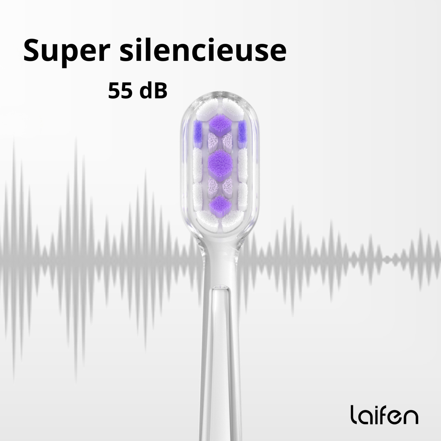 Gros plan sur une tête de brosse à dents blanche avec des poils violets et blancs, graphique d'ondes sonores.