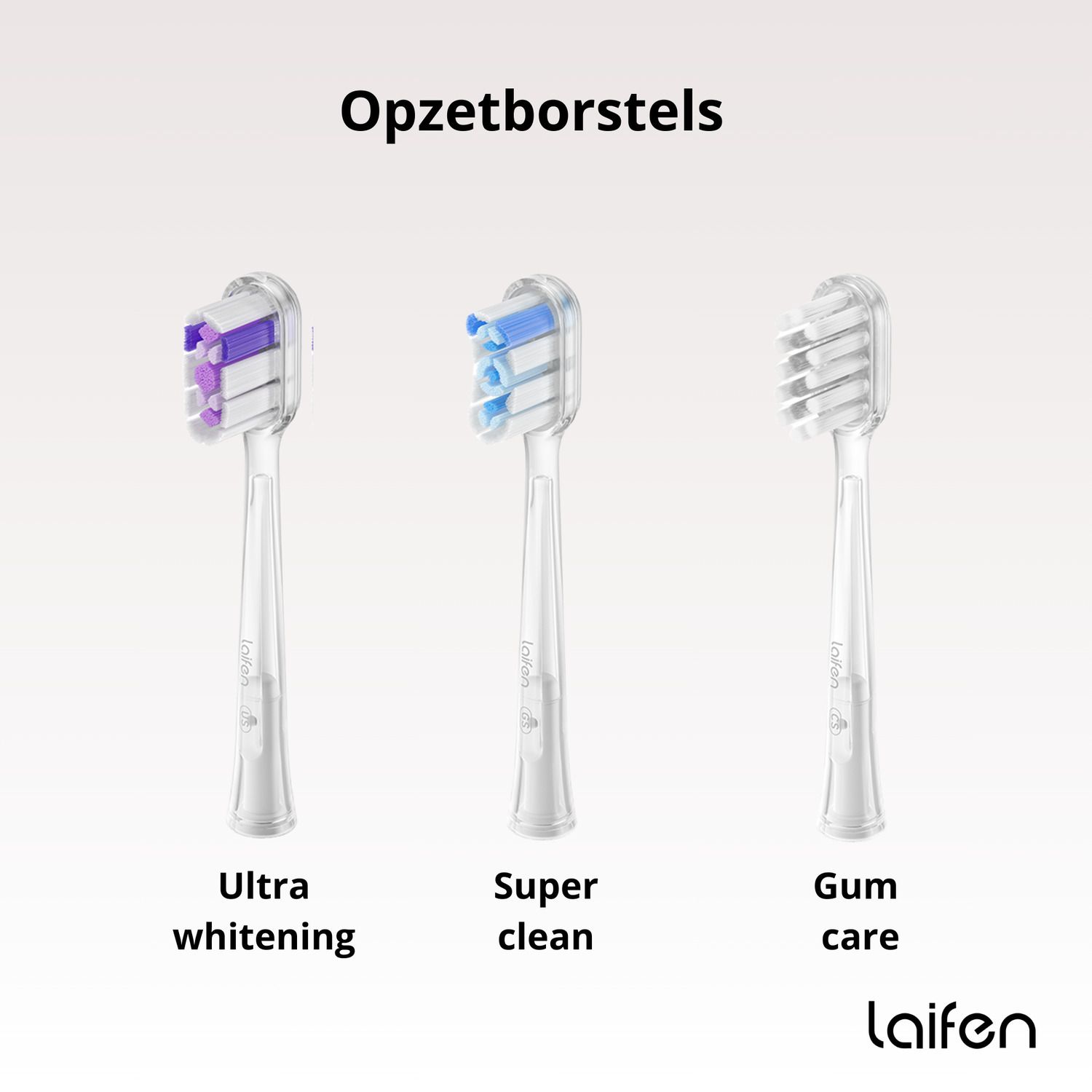 Drie tandenborstelkoppen: Ultra whitening (paars), Super clean (blauw) en Gum care (wit).