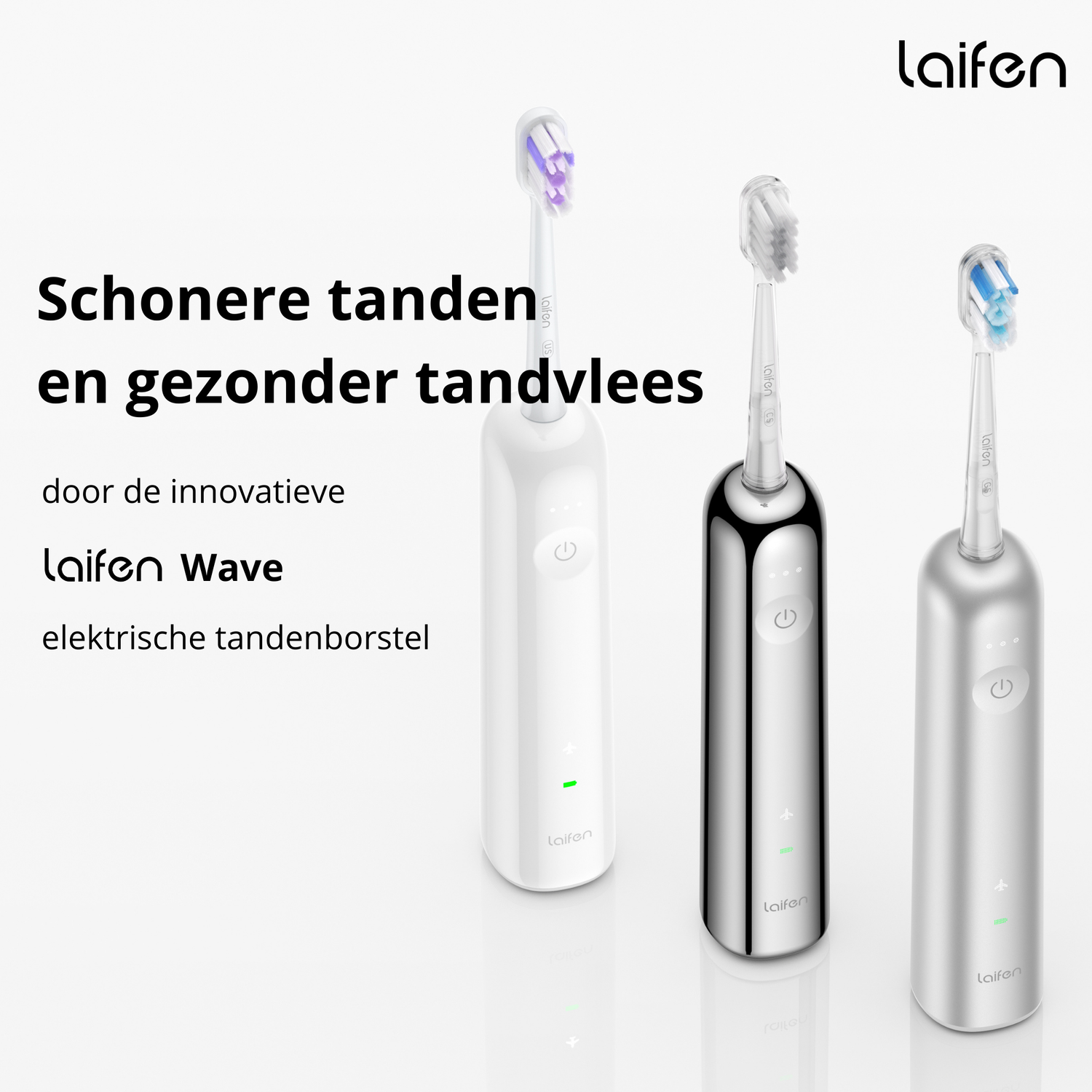 Drie witte, zilveren en zwarte elektrische tandenborstels met opzetborstels. Tekst in het Nederlands.