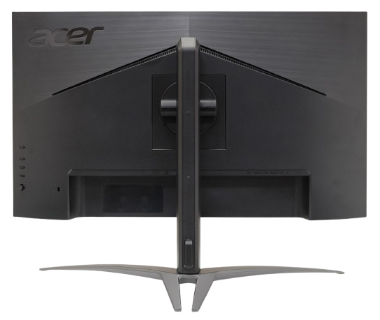 Vista trasera de un monitor Acer negro con soporte. El logotipo de Acer es visible en la parte superior.