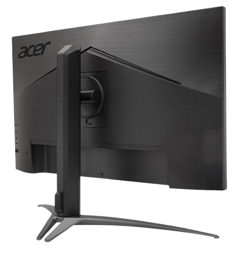 La parte trasera de un monitor Acer negro muestra su soporte.