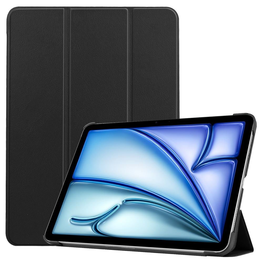 Egy fekete tablet okos tokkal. A képernyő kék-fehér absztrakt mintát jelenít meg.