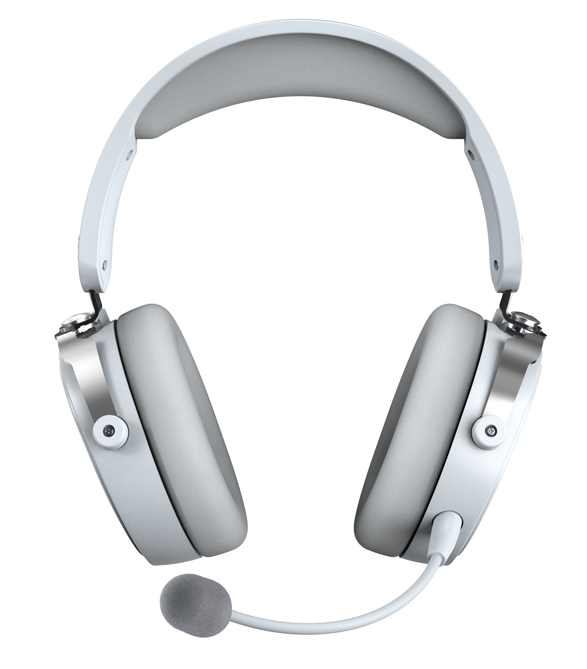 Białe słuchawki z mikrofonem na czarnym tle. Słuchawki są w stylu nausznym.