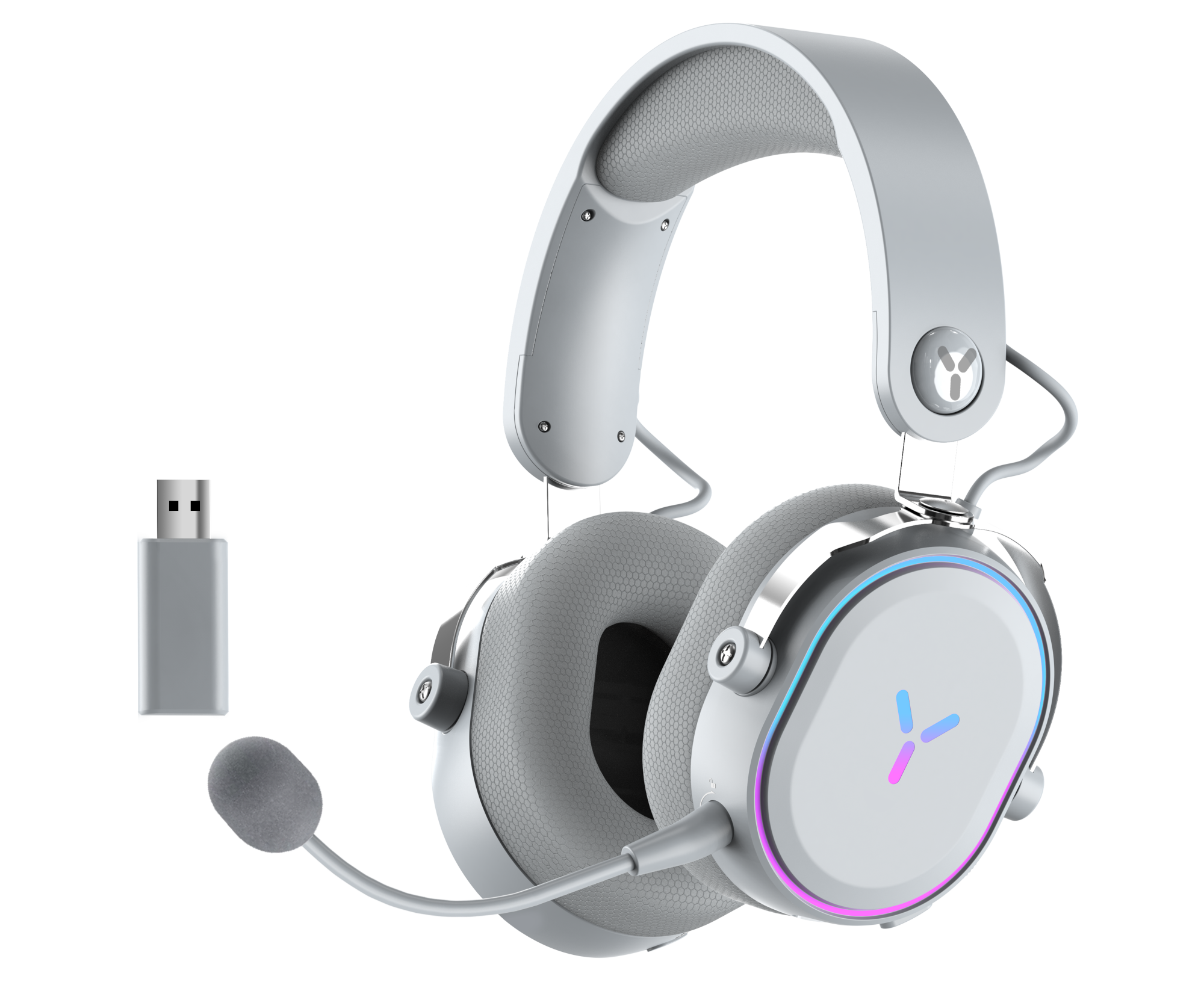 Biało-szary zestaw słuchawkowy do gier z mikrofonem i kluczem USB.