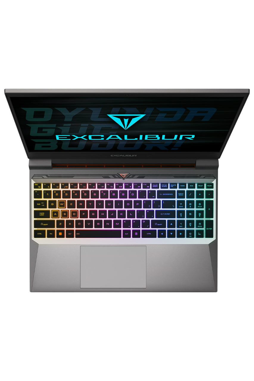 RGB renklerle aydınlatılmış dizüstü bilgisayar klavyesi. Ekran üzerinde EXCALIBUR yazıyor.