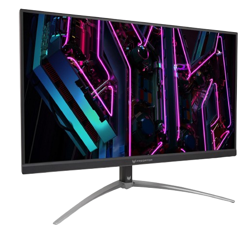 Monitor de juegos con soporte, mostrando una escena de juego colorida en la pantalla.