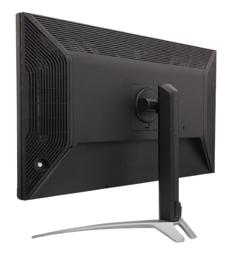 Parte trasera de un monitor de computadora negro. El monitor está sobre un soporte plateado.