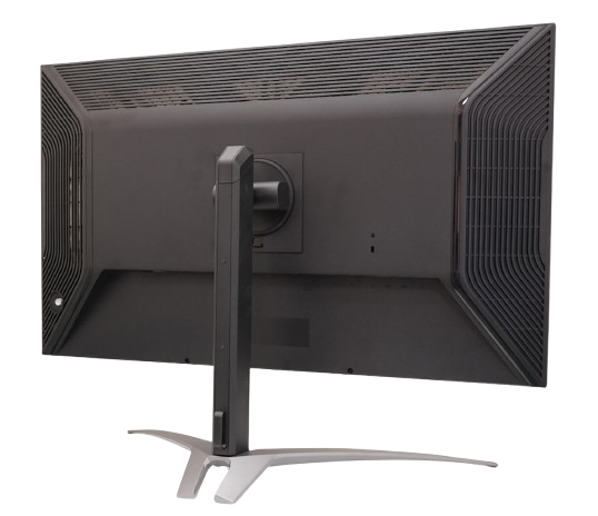 Vista trasera de un monitor de ordenador negro con soporte. El monitor tiene un diseño de rejilla.