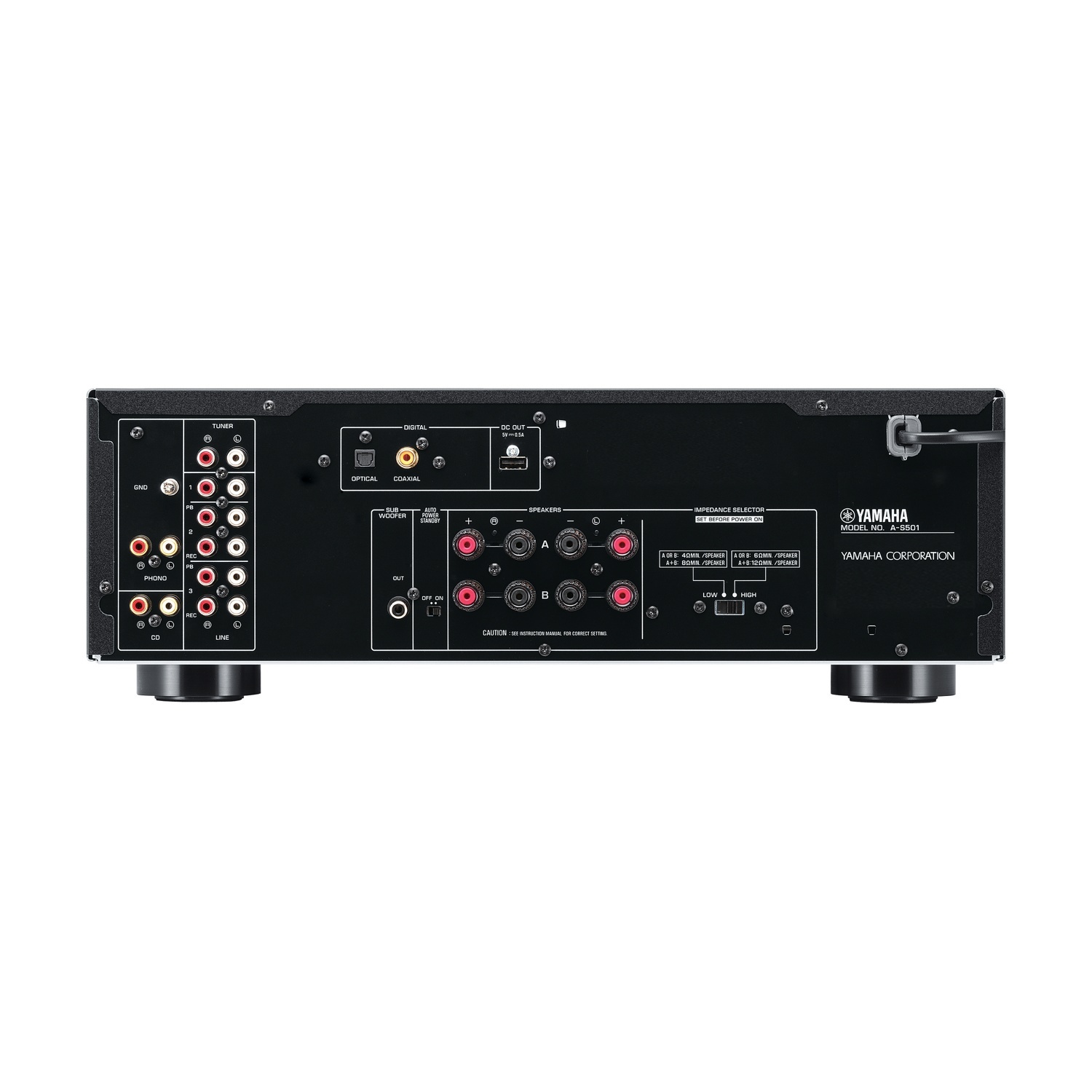 Pannello posteriore di un amplificatore stereo Yamaha, nero con connettori.