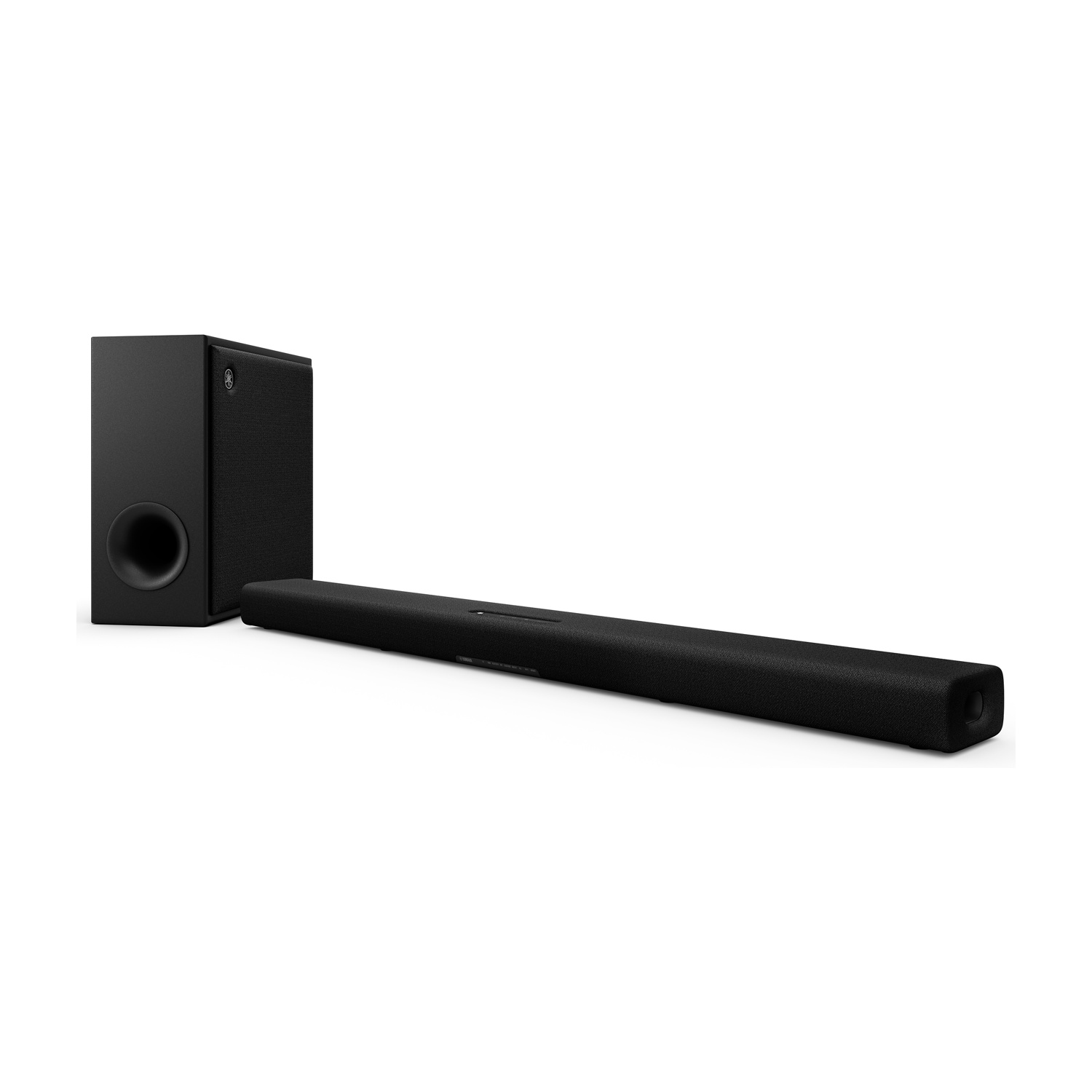 Un set di soundbar e subwoofer neri, posizionato su una superficie bianca.