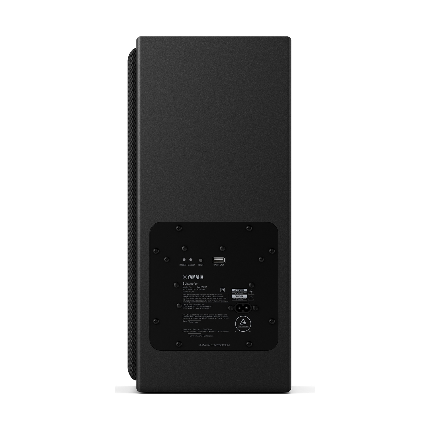 Pannello posteriore del subwoofer nero con ingressi e uscite, su sfondo bianco.