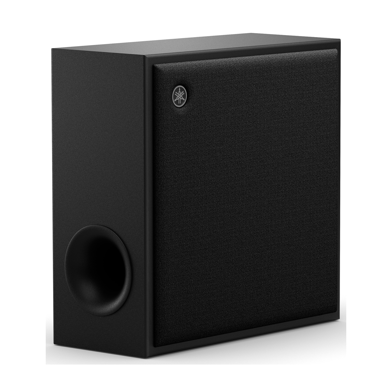 Altoparlante subwoofer nero con porta frontale e logo Yamaha sul lato. Sfondo bianco.