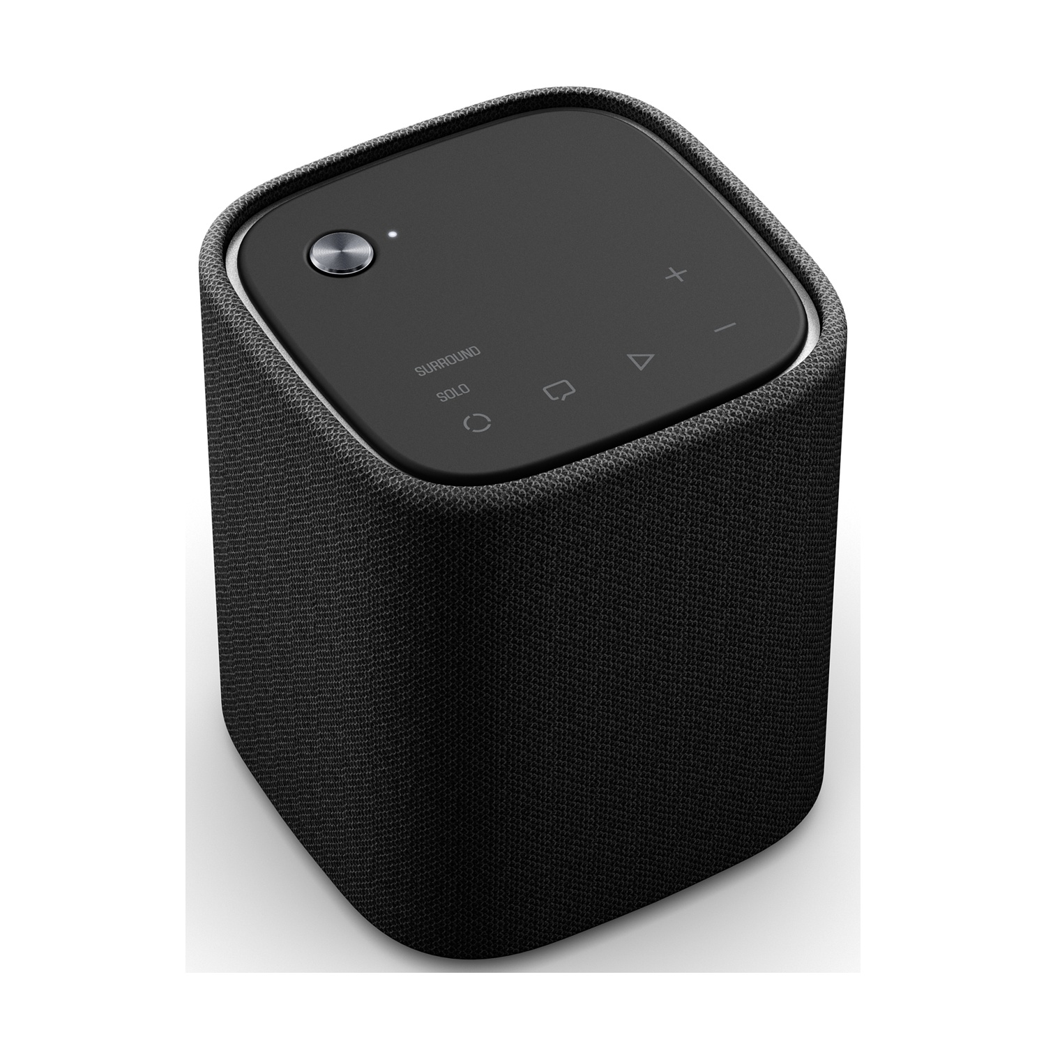 Altoparlante nero con pulsanti sulla parte superiore. Ha una trama simile al tessuto.