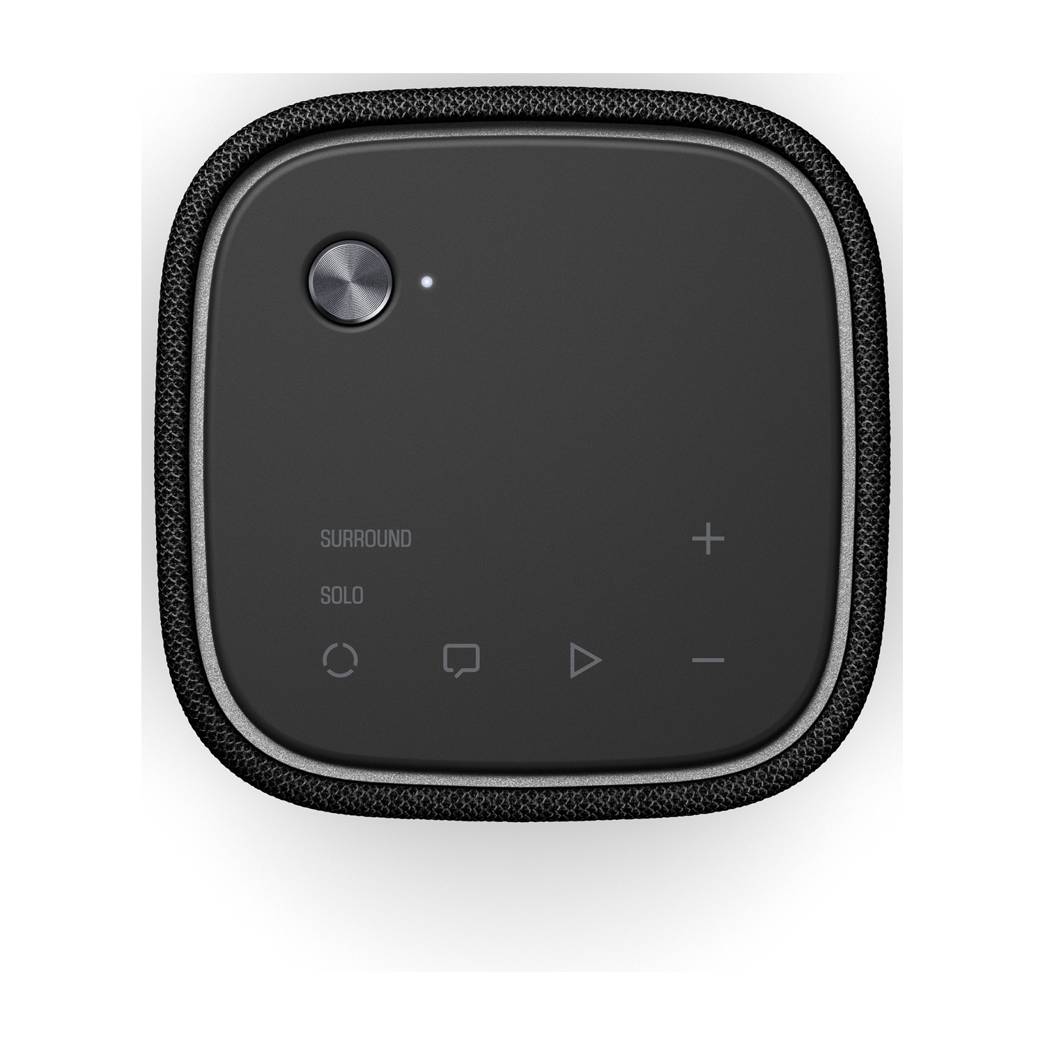 Altoparlante nero con pulsanti e bordo in rete.