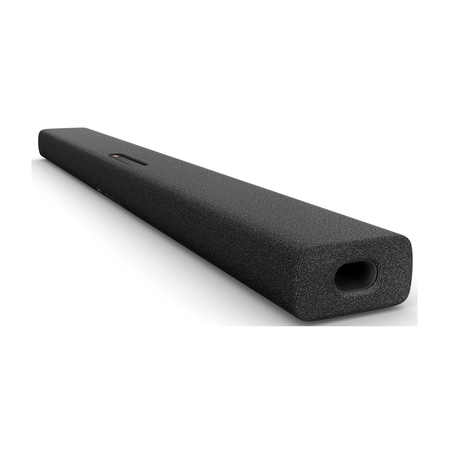 Una soundbar nera su sfondo bianco. Vista angolata.