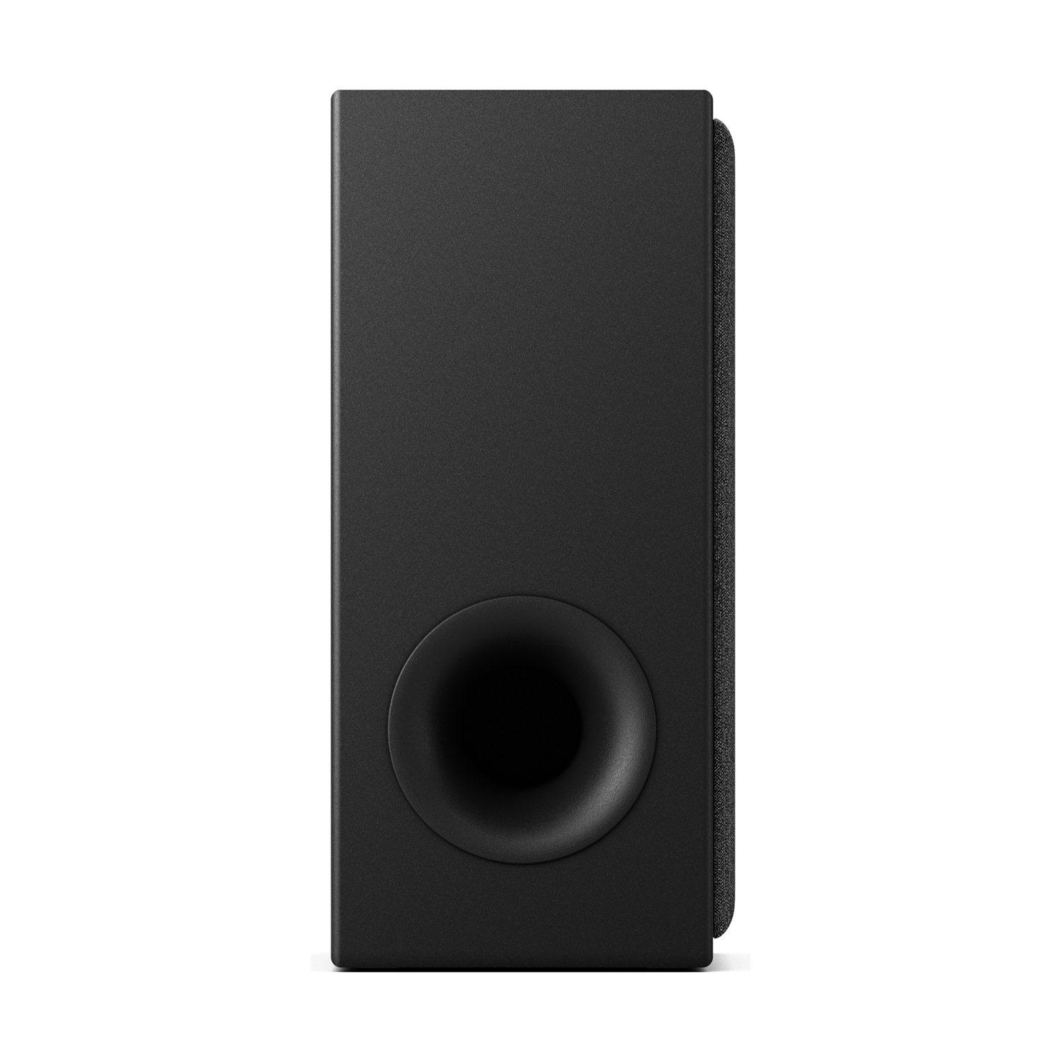 Un altoparlante subwoofer nero con un'apertura rotonda su sfondo bianco. Vista laterale.