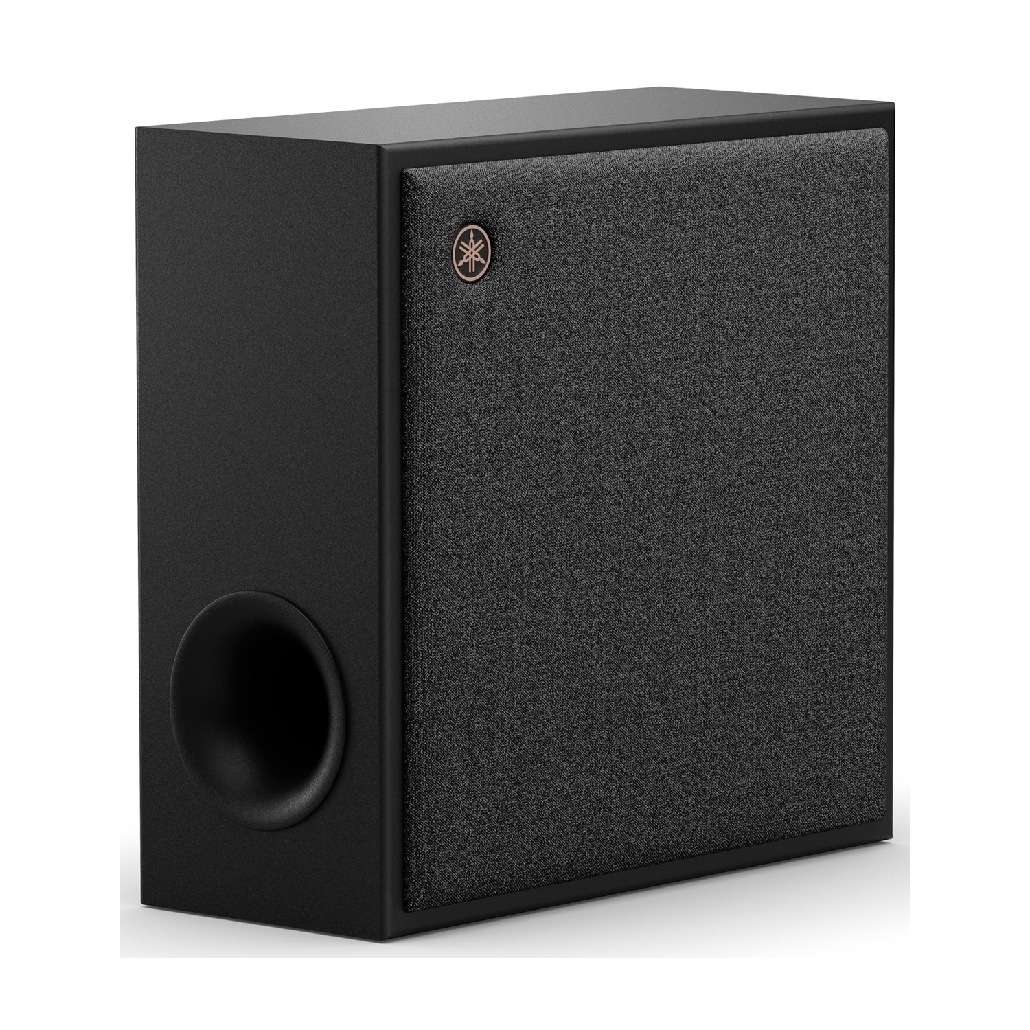 Subwoofer nero con griglia e porta rotonda, su sfondo bianco.