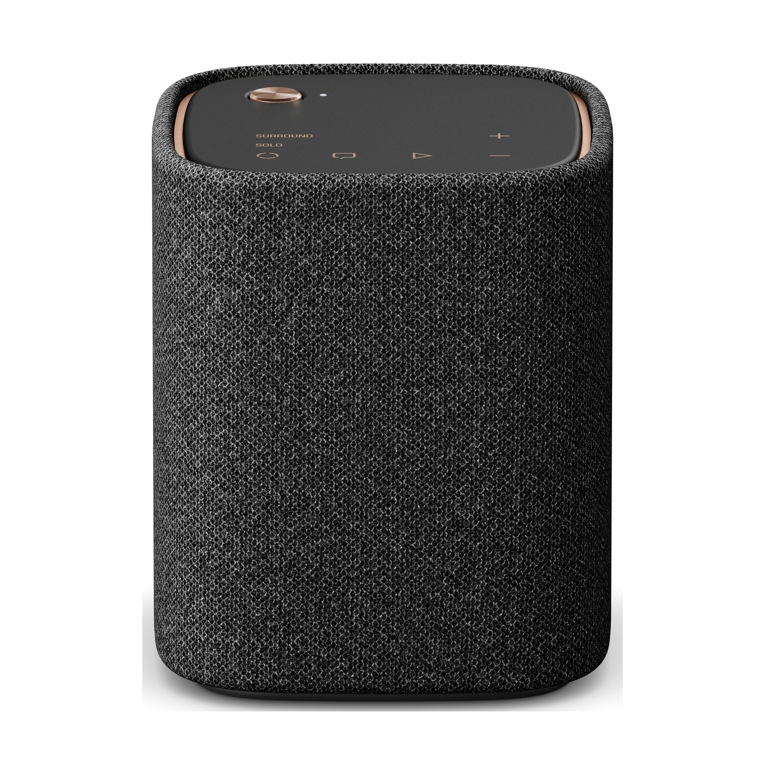 Altoparlante a cilindro nero. Ha una copertura in tessuto grigio scuro e controlli sulla parte superiore. Rifinitura dorata.