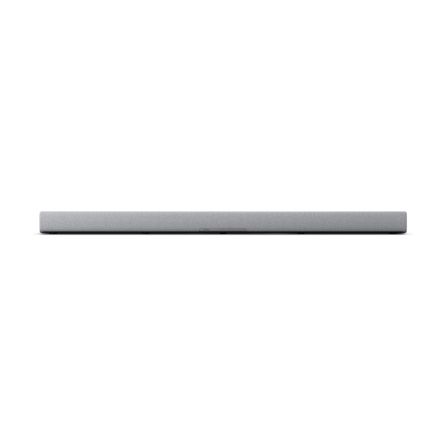 Soundbar grigia su sfondo bianco. Design pulito e moderno.