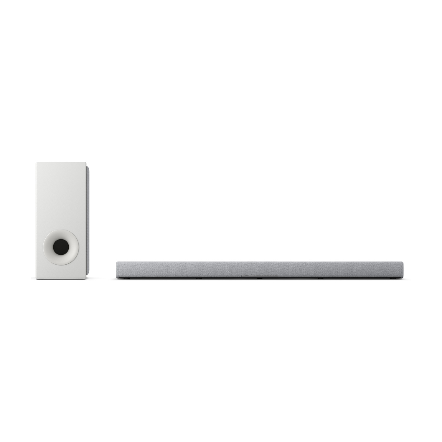 Una soundbar bianca e un subwoofer bianco su sfondo bianco.