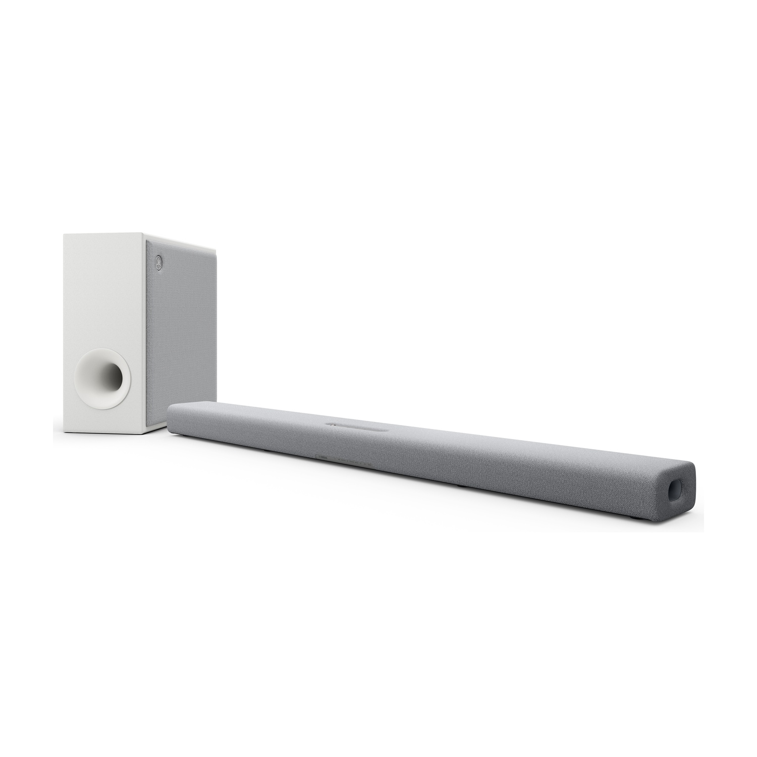 Un set soundbar e subwoofer, la soundbar è grigia, il subwoofer è bianco, su sfondo bianco.