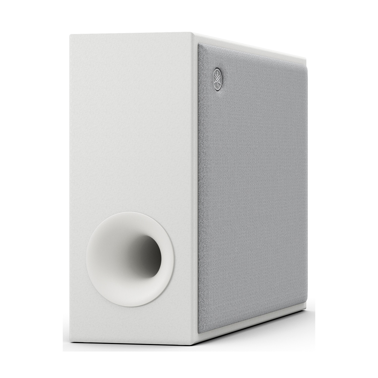 Subwoofer bianco e grigio con grande porta circolare e logo.
