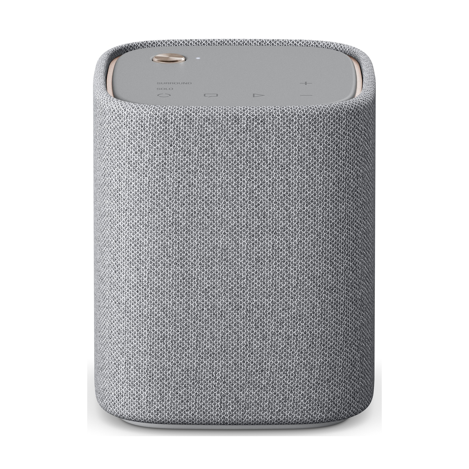 Altoparlante cilindrico con rivestimento in tessuto grigio. La parte superiore ha pulsanti e un anello dorato.