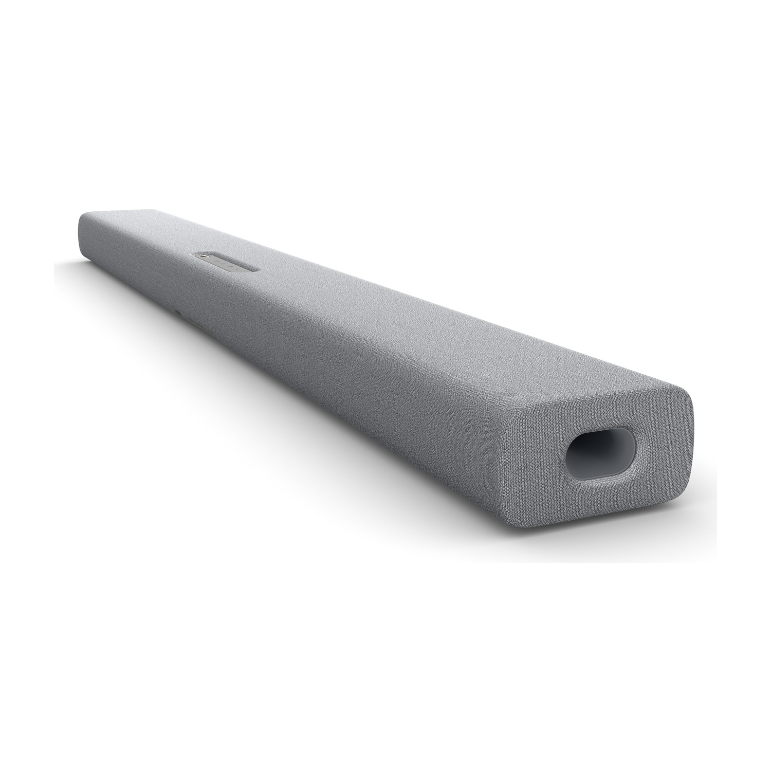 Una lunga soundbar grigia con rivestimento a rete.