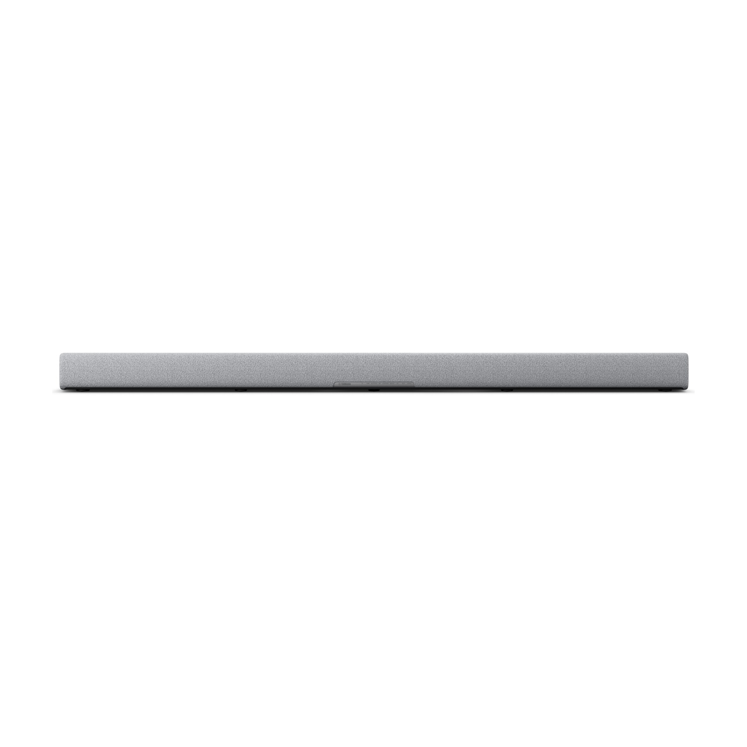 Una soundbar grigia lunga su sfondo bianco. È orizzontale.