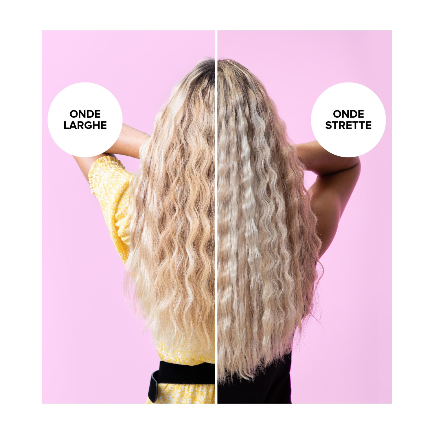 Donna bionda, vista posteriore, mostra capelli con onde larghe a sinistra e strette a destra.