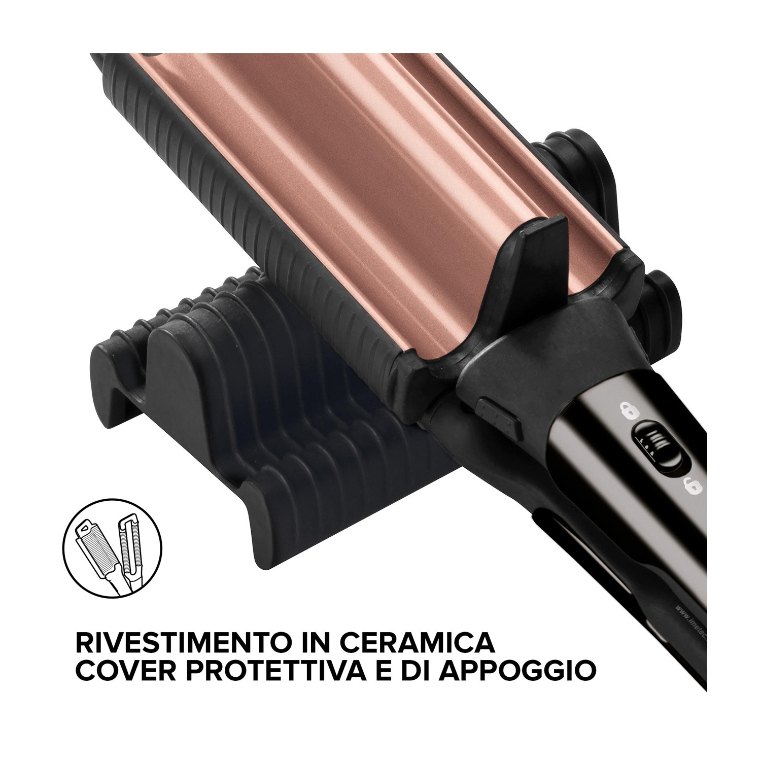 Arricciacapelli, nero e oro rosa. Piastre rivestite in ceramica su supporto. Testo in italiano presente.