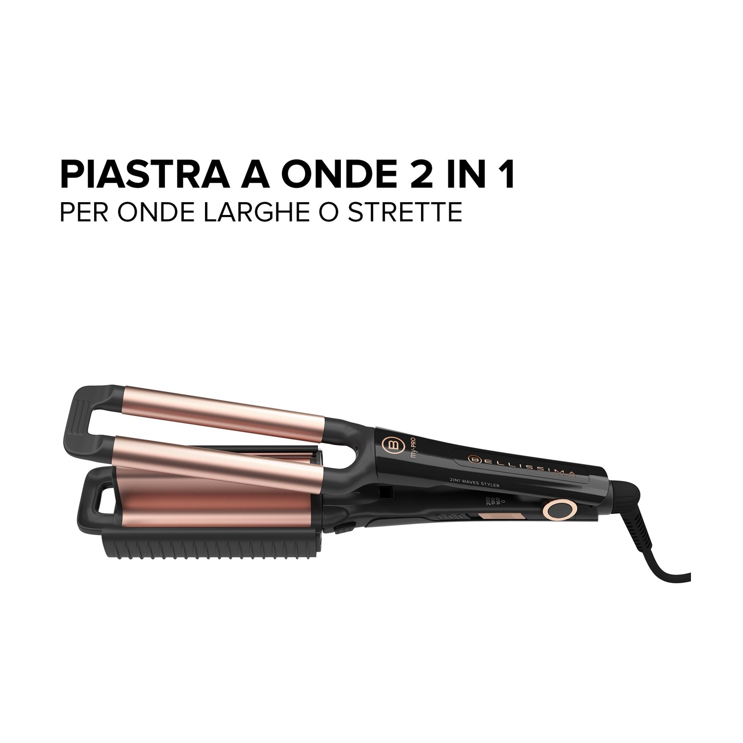 Strumento per lo styling dei capelli, nero e oro rosa, con design a crimpare.