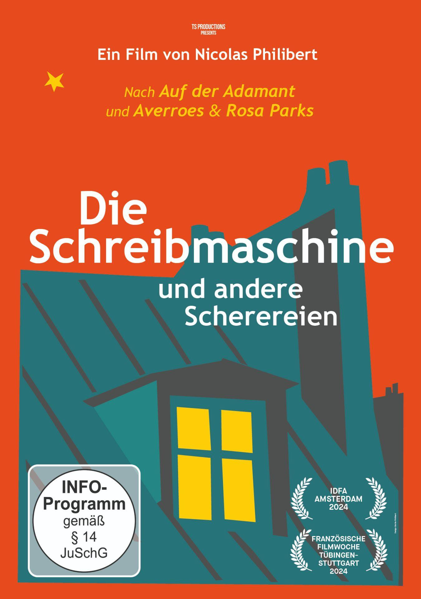 Filmplakat mit Hausillustration auf orangefarbenem Hintergrund. Text: Die Schreibmaschine und andere Schereien.
