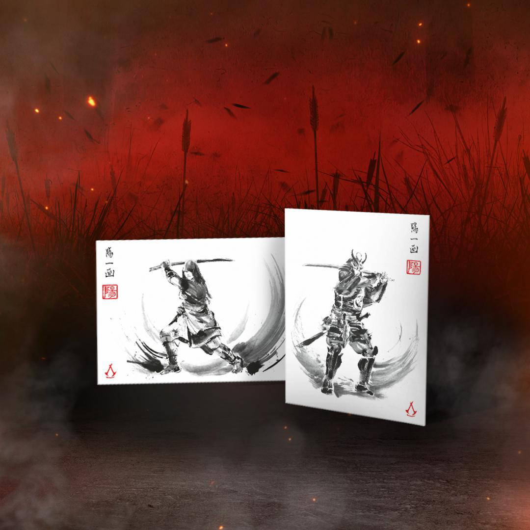 Zwei Illustrationen von Samurai im Tusche-Stil. Einer kämpft, einer steht. Dunkler Hintergrund.