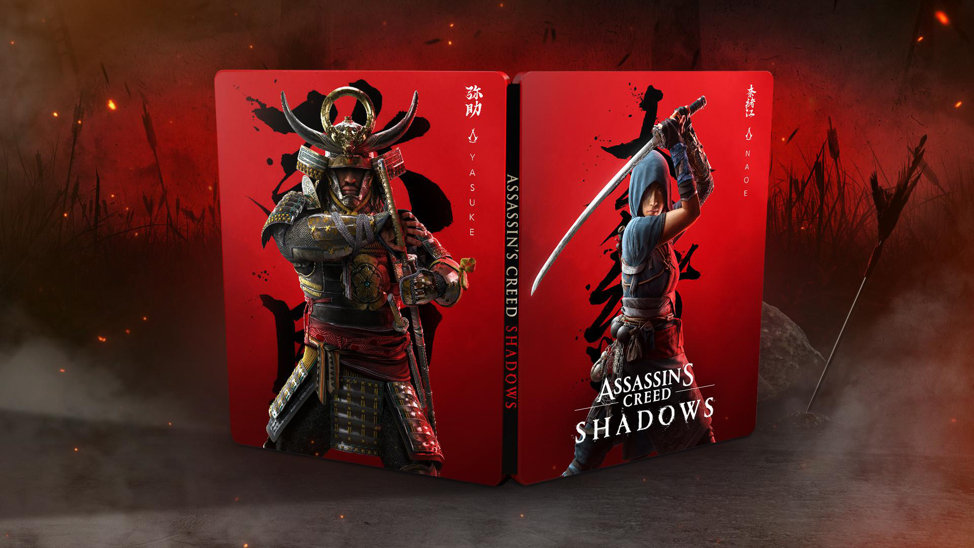 Die Hülle des Spiels Assassin's Creed Shadows, mit einem Samurai und einer weiblichen Assassinin.