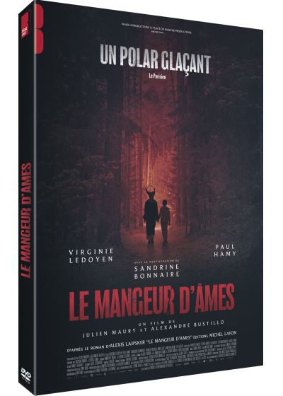 Couverture du film : Scène de forêt sombre, titre « LE MANGEUR D'ÂMES », boîtier DVD et texte.