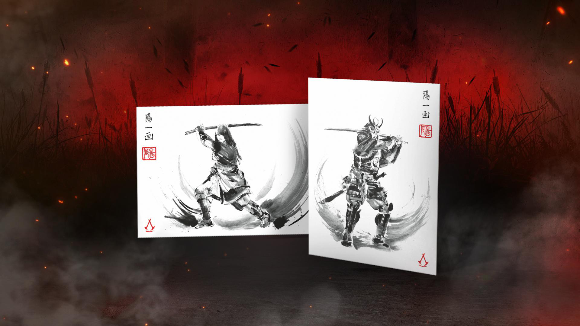 Zwei Kunstwerke mit Samurai-Krieger-Illustrationen, vor einem dunkelroten Hintergrund.