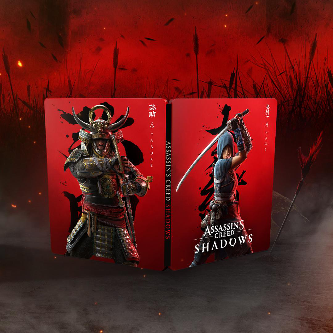 Spielhülle mit Samurai- und Krieger-Illustrationen, rotem Hintergrund, Assassin's Creed Shadows.