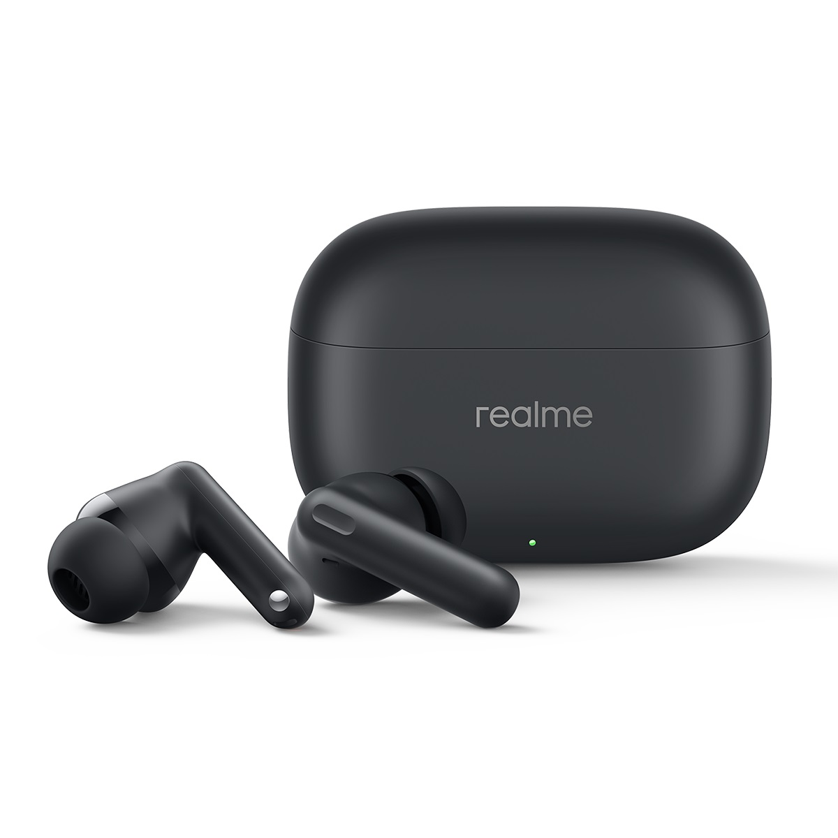 Siyah kulaklıklar ve şarj kutusu. Kutuda realme logosu var. Kulaklıklar açılı ve siyah.